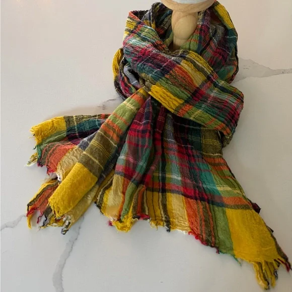 Polo Ralph Lauren Colorful Plaid Lightweight Scarf - Yellow, Green, Red - Picture 2 of 3